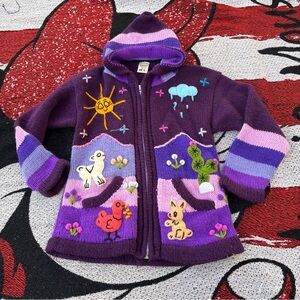 PERUVIAN KNIT EMBROIDERED PURPLE MULTICOLOR HOODED SWEATER SIZE 8